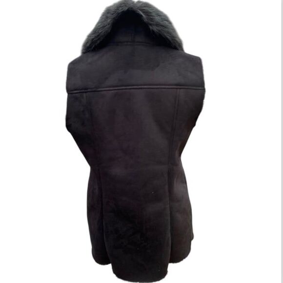 J. McLaughlin Black Suede Jacket Vest w/ Faux Fur Trim Size M Cozy Chic Mob Wife - Picture 3 of 11
